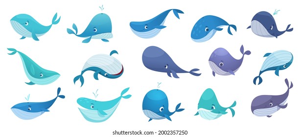 Whales collection. Ocean underwater life with big swimming blue fishes cute wild whales exact vector illustration