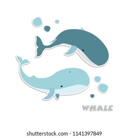 Whales are cute. Awesome whales on marine background in vector. Whale childish card in stylish colors