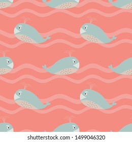 Whales, cute, candy colors, on coral color background. Vector seamless pattern.