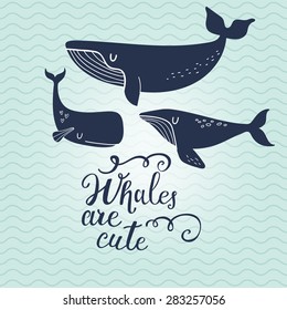 Whales are cute. Sweet whales on marine background with waves in vector. Lovely childish card in stylish colors