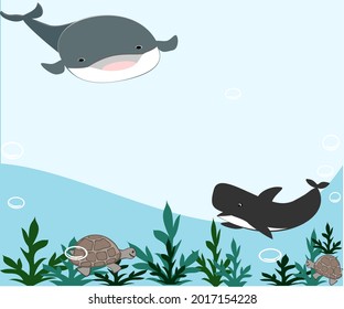 Whales, dolphins, turtles, cute sea creatures Sea creatures vector illustration, painting, painting