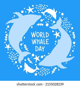 Whales are drawn in the style of linear art. Vector illustration with marine flora and fauna on a blue background. Cetaceans with the inscription - World Whale Day