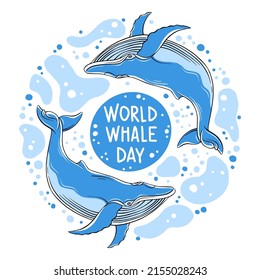 Whales are drawn in the style of linear art. Vector illustration with marine flora and fauna on a white background. Cetaceans with the inscription - World Whale Day