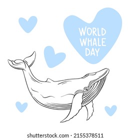 Whales are drawn in the style of linear art. Vector illustration on a white background. Cetaceans with the inscription - World Whale Day