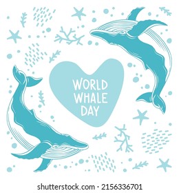 Whales are drawn in the style of linear art. Vector illustration with marine flora and fauna on a white background. Cetaceans with the inscription - World Whale Day