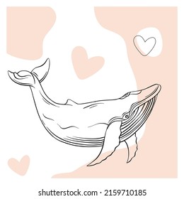 Whales are drawn in the style of linear art. Vector illustration on a white background. Cetaceans with hearts