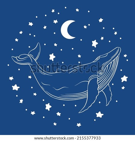 Whales are drawn in the style of linear art. Vector illustration on a blue background. esoteric illustration with the moon and stars