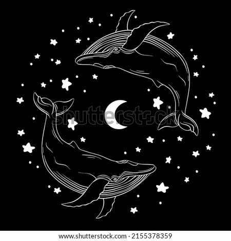 Whales are drawn in the style of linear art. Vector illustration on a black background. esoteric illustration with the moon and stars