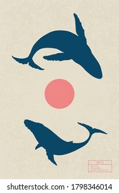 Whales family flying in sky. Yin Yang animal mother and baby isolated silhouettes. Red sun on yellow texture background. Vector illustration in sumie style for use in polygraphy, textile, design