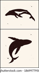 Whales family silhouette. Abstract animal shape set. Night starry sky