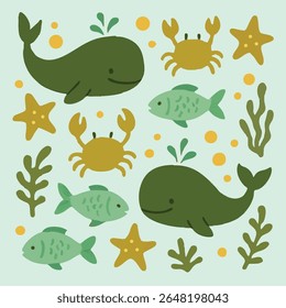Whales, fish, crabs, starfish, and seaweed on a blue background