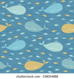 Whales and fish schools vector pattern. Seamless blue navy wavy children background.
