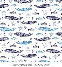 Whales and fishes with sea bubbles pattern for kids wear