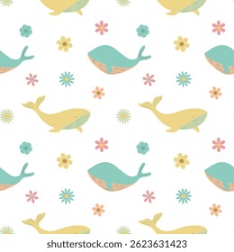 Whales and flowers seamless pattern. Nautical pattern for children textile design or childish wallpaper. Tile for nursery room	