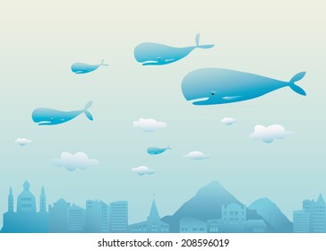 whales flying over city