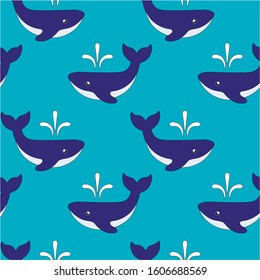 Whales with fountains are marine animals. Seamless pattern with cute blue whales on a light blue background. Vector seamless background with whales for children.