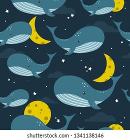 Whales, hand drawn backdrop. Colorful seamless pattern with animals, moon, stars. Decorative cute wallpaper, good for printing. Overlapping colored background vector. Design illustration