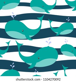 Whales, hand drawn seamless pattern. Marine background vector. Colorful illustration, overlapping backdrop. Decorative cute wallpaper, good for printing