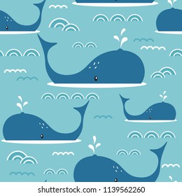 Whales, hand drawn seamless pattern. Marine background vector. Colorful illustration, overlapping backdrop. Decorative cute wallpaper, good for printing