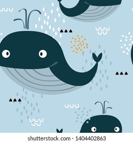 Whales, hand drawn seamless pattern. Marine background vector. Colorful illustration, overlapping backdrop. Decorative cute wallpaper, good for printing