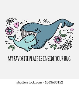 WHALES HUGGING Mother And Daughter Parental Relationship Cute Animals Friend To Friend Handwriting Text Hand Drawn Clip Art Vector Illustration Set For Print