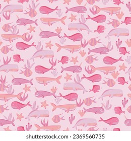 whales illustration seamless pattern narwal fish coral