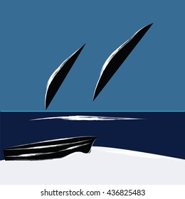 Whales jump from the ocean boat on the beach is an abstract art illustration the minimalism flat style blue background vector