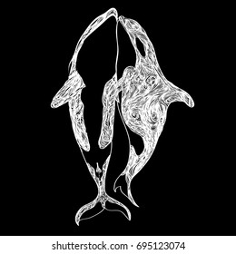 Whales are kissing a hand drawn drawing translated into a vector. Modern illustration for the invitation card or print on the T-shirt.