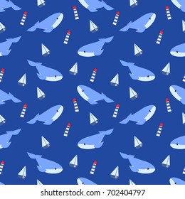 Whales, lighthouses, ships on a blue background
