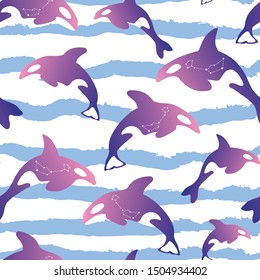 whales line animals vector seamless pattern. Concept for print, web design, cards, textile