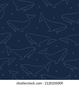 Whales line seamless pattern. Cute kids dark blue pattern with ocean animals. Vector illustration.