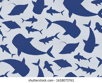 Whales, manta rays, sharks vector seamless pattern. Wild ocean animals monochrome classic blue and white polka dots background. Flat isolated ocean fishes, sea mammals silhouettes .