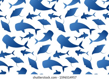 Whales, manta rays, sharks, whale shark fishes vector seamless pattern. Wildlife under water ocean animals background. Fish species illustration.
