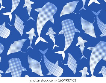 Whales, manta rays, sharks, whale shark fishes vector seamless pattern. Wildlife under water ocean animals monochrome deep blue and white background. Flat silhouette sea mammals icons set.
