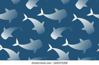 Whales, manta rays, sharks, whale shark fishes vector seamless pattern. Wildlife under water ocean animals monochrome black and white background. Flat silhouette sea mammals icons set.
