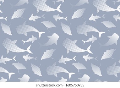 Whales, manta rays, sharks, whale shark fishes silver grey and white gradient vector seamless pattern. 