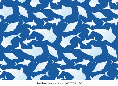 Whales, manta rays, sharks, whale shark big fishes vector seamless pattern. Wildlife under water ocean animals classic blue and white background. Sea mammals wallpaper design.
