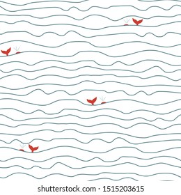 Whales in the ocean abstract waves and lines seamless vector pattern. Hand drawn background marine doodle lines. Repeating ocean animal backdrop. Fish tails sticking out of the water. Fabric, decor
