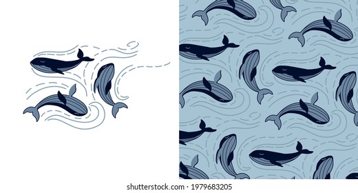 Ballenas en el patrón oceánico transparente fauna marina en los océanos profundos ilustración vectorial de la postal textil