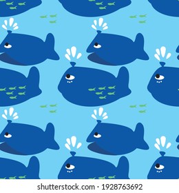 Whales in the ocean summer print with small fishes. Seamless pattern.