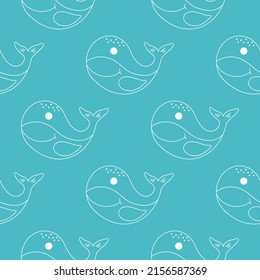 Whales on blue background seamless pattern vector illustration. Baby model with marine underwater animals. Template for fabric, packaging, textiles and design of kids things