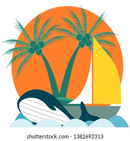 Whales on the ocean waves near boats and islands with coconut trees, orange sun background, vector images