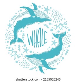 Whales painted in the style of line art. Vector illustration with marine life on a white background. Cetaceans with the inscription - whale