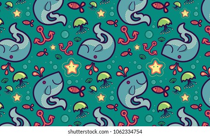 Whales pattern background. with jellyfish, fish and sea shells