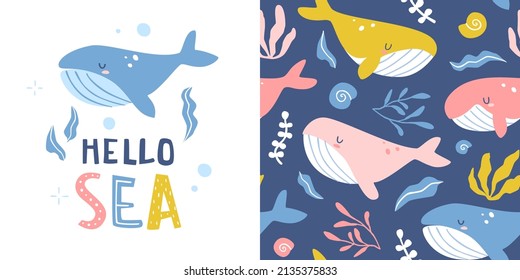 Whales pattern collection with lettering. Underwater seamless vector print for fabric and apparel.