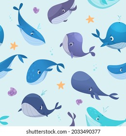Whales pattern. Textile template pictures with underwater wild animals big blue whales exact vector seamless background in cartoon style