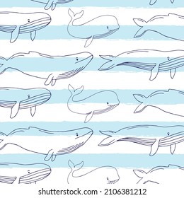 Whales pattern. Vector seamless background with blue whale, narwhal, orca killer. Cute sea animal illustration. Cartoon marine ocean drawing. Outline silhouette print, wallpaper art, textile design