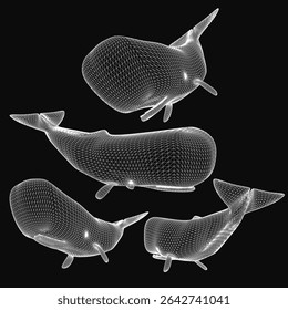 Whales rendered as detailed 3D wireframe models on a sleek black background, showcasing realistic anatomy and smooth curves. The set features a dynamic composition with varying sizes