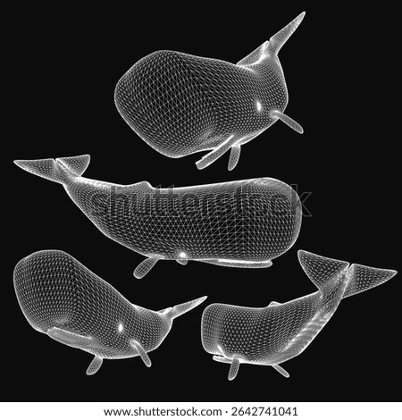Whales rendered as detailed 3D wireframe models on a sleek black background, showcasing realistic anatomy and smooth curves. The set features a dynamic composition with varying sizes