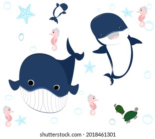 whales, sea animals, Cute sea creatures, vector illustration, drawing, painting
